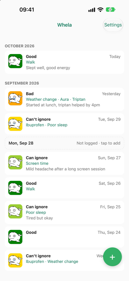 Whela's home screen: a list of days, each with a whale face showing the pain level, tags and a note.