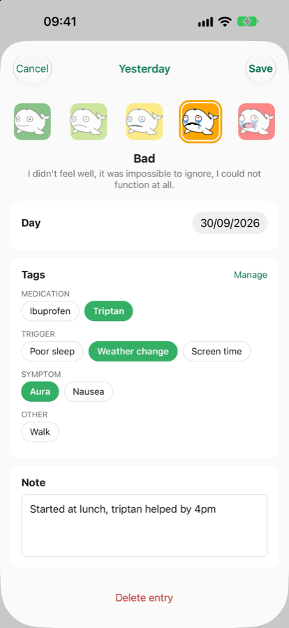 Logging a day in Whela: five whale faces, tags for medications, triggers and symptoms, and a note.